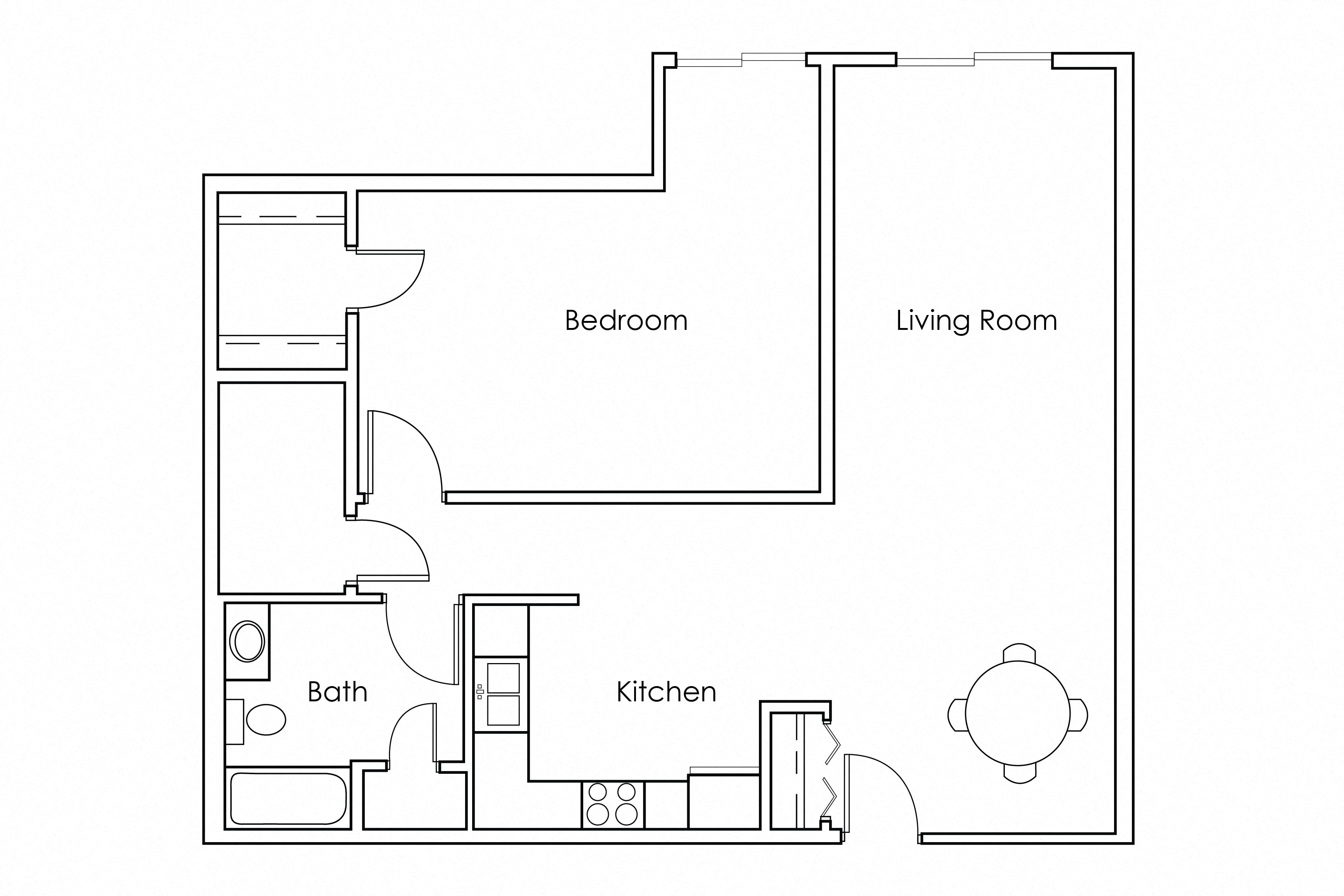 Floor plan for 1 bed, 1 bath, 910 sqft